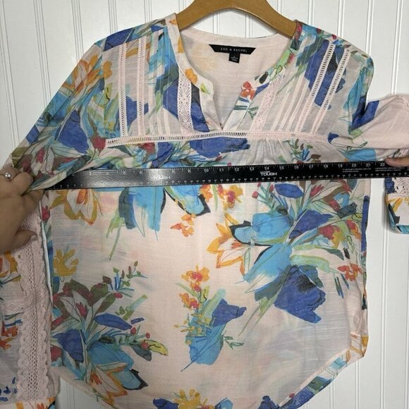 Zac & Rachel Tunic Top Womens L Pink Blue Floral 100% Cotton Button Cuff Boho - Picture 9 of 12